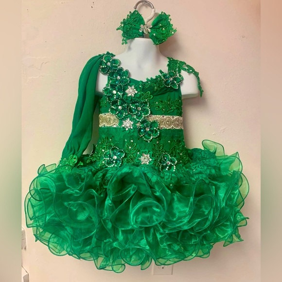 Size 3T Green Beaded Corset Cupcake Pageant Dress W/ Removable Sleeve & Bow  NWT